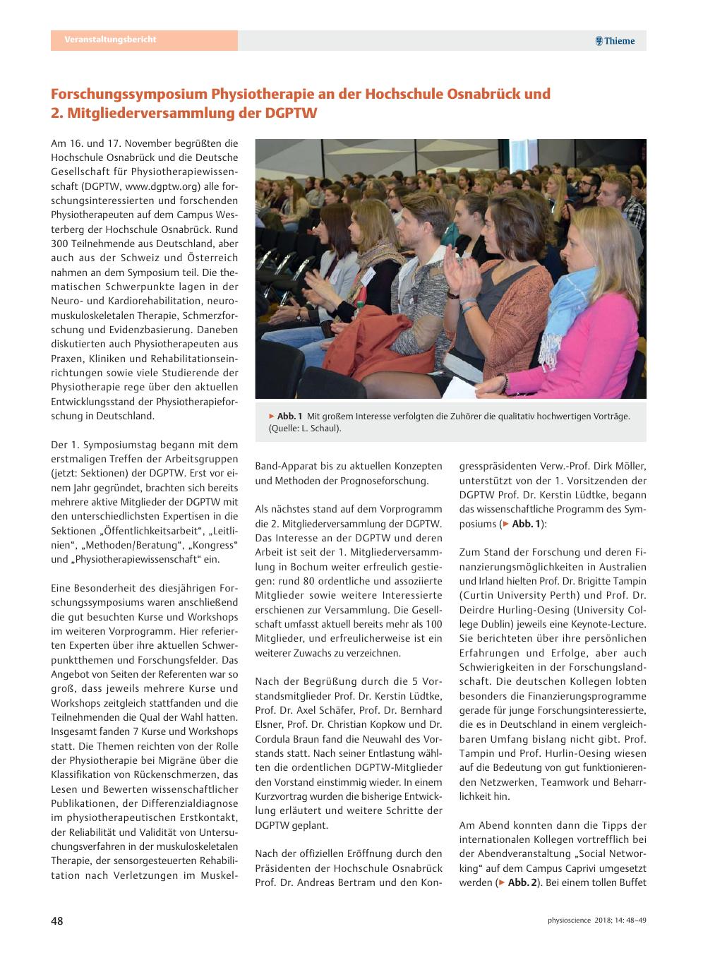 Vorschauseite 1: Forschungssymposium Physiotherapie an der Hochschule Osnabrück und 2. Mitgliederversammlung der DGPTW
