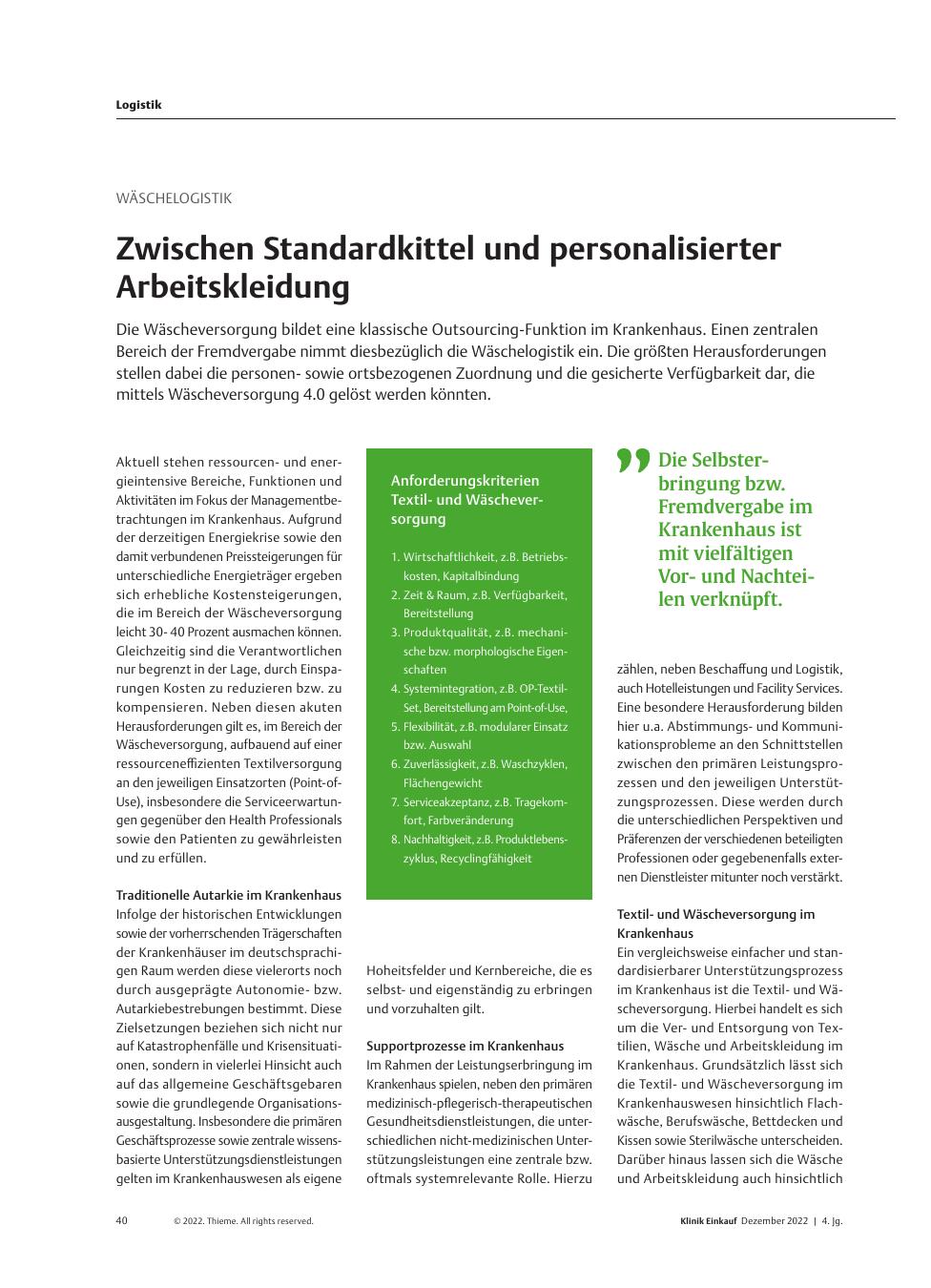 Vorschauseite 1: Wäschelogistik: Zwischen Standardkittel und personalisierter Arbeitskleidung
