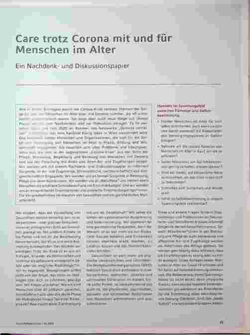 Vorschauseite 2: Care trotz Corona mit und Menschen im Alter Ein Nachdenkund Diskussionspapier