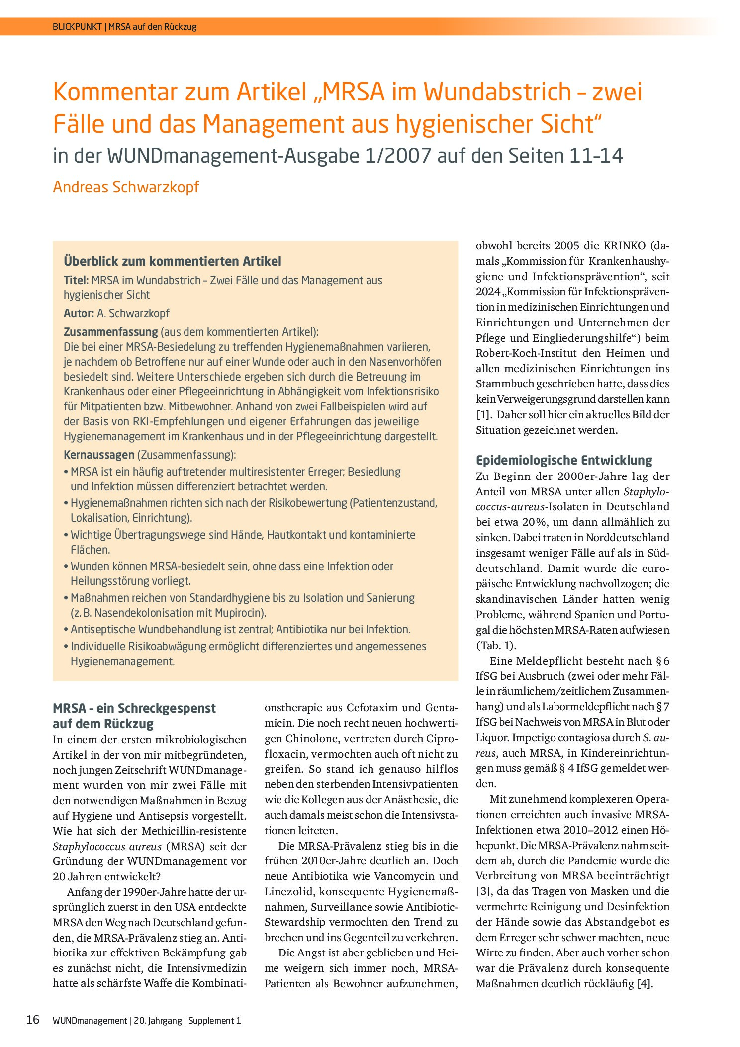 Vorschauseite 1: Kommentar zum Artikel „MRSA im Wundabstrich – zwei Fälle und das Management aus hygienischer Sicht“