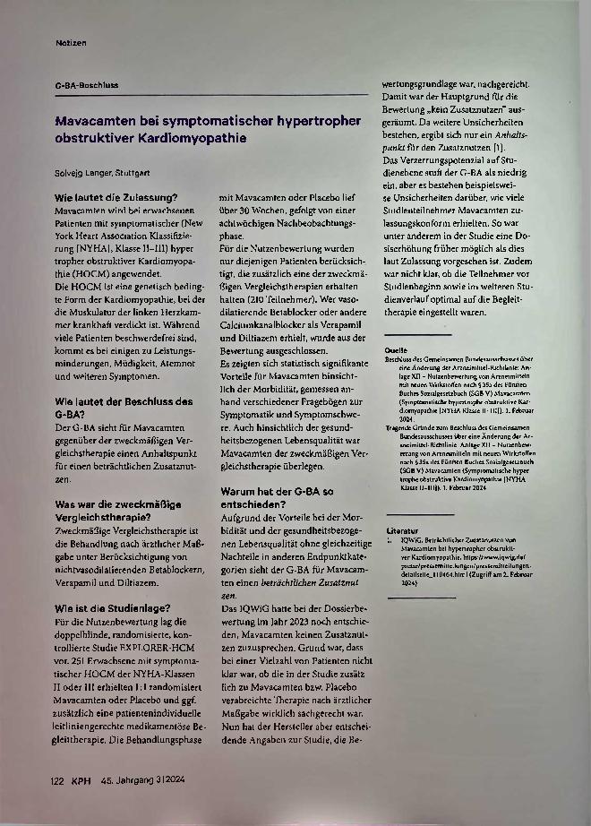 Vorschauseite 1: Mavacamten bei symptomatischer hypertrophischer obstruktiver Kardiomyopathie