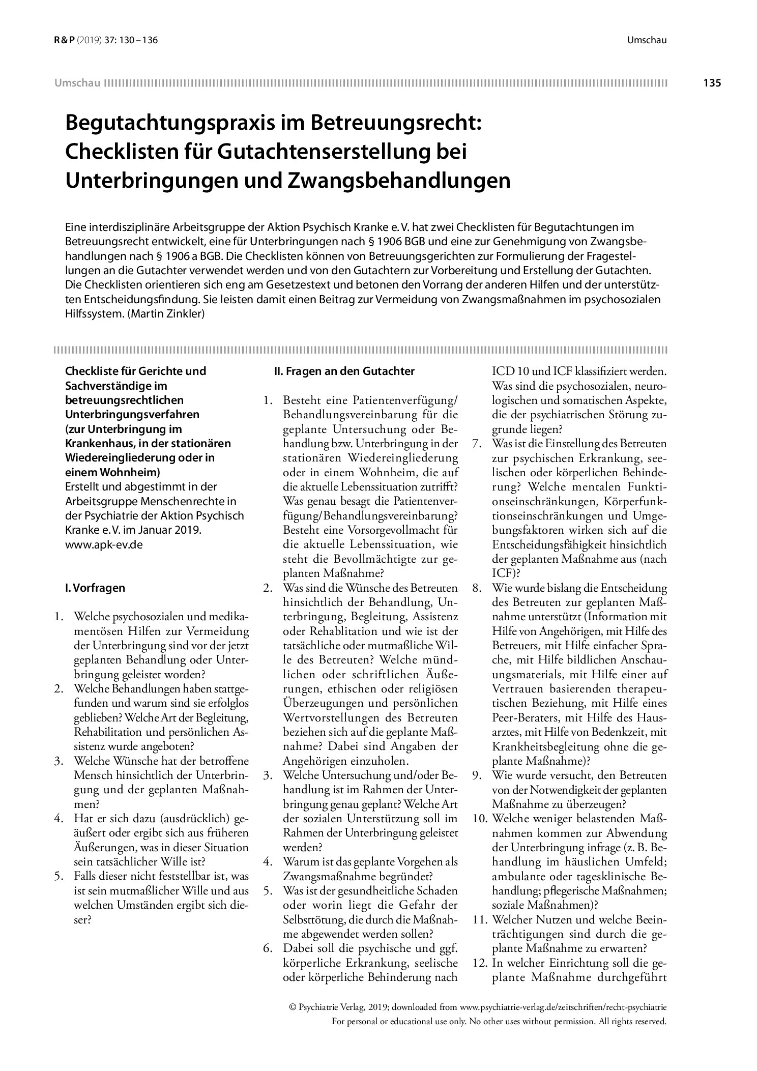 Vorschauseite 1: Begutachtungspraxis im Betreuungsrecht: Checklisten für Gutachtenserstellung bei Unterbringungen und Zwangsbehandlungen
