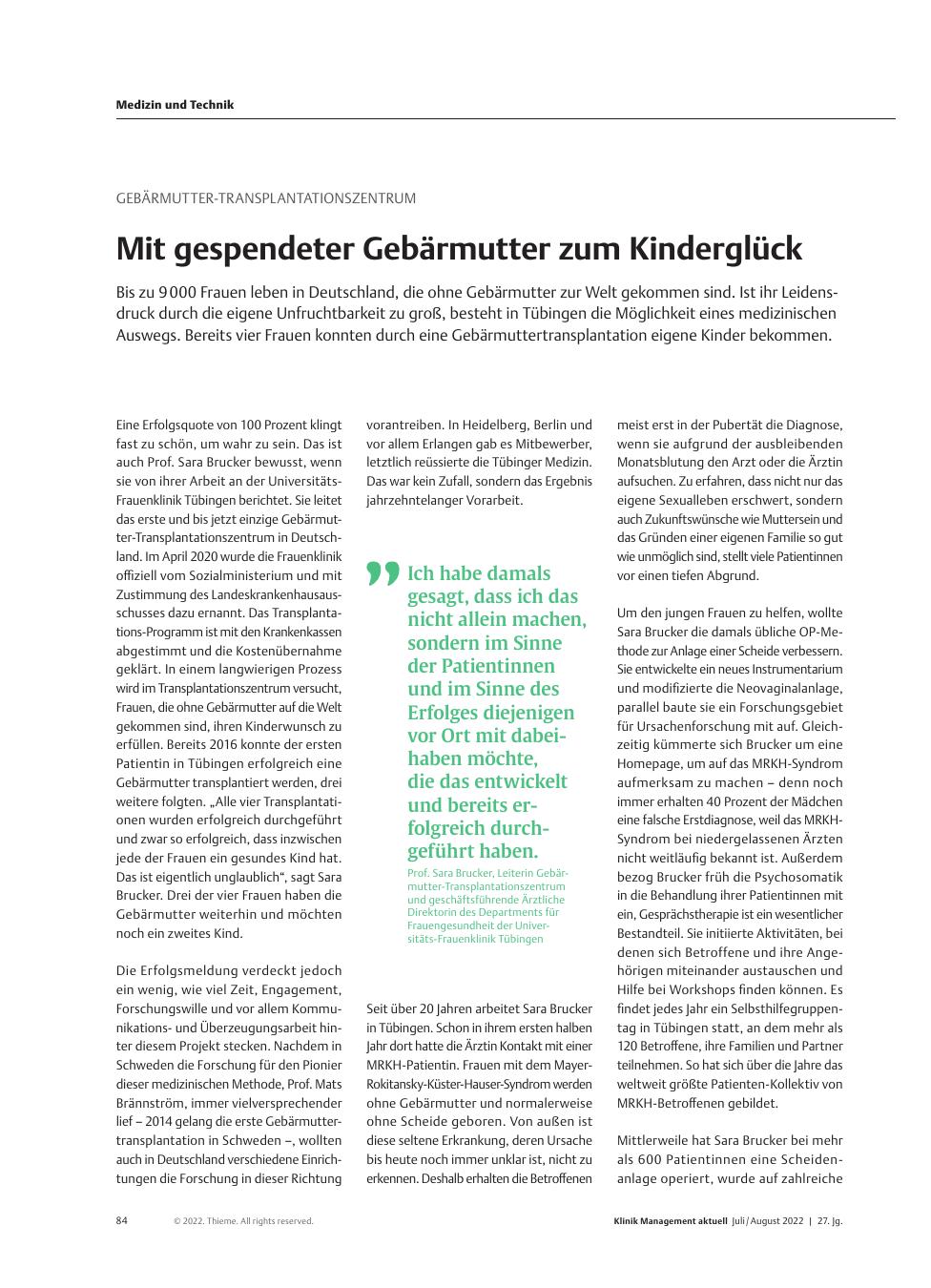 Vorschauseite 1: Gebärmutter-Transplantationszentrum: Mit gespendeter Gebärmutter zum Kinderglück
