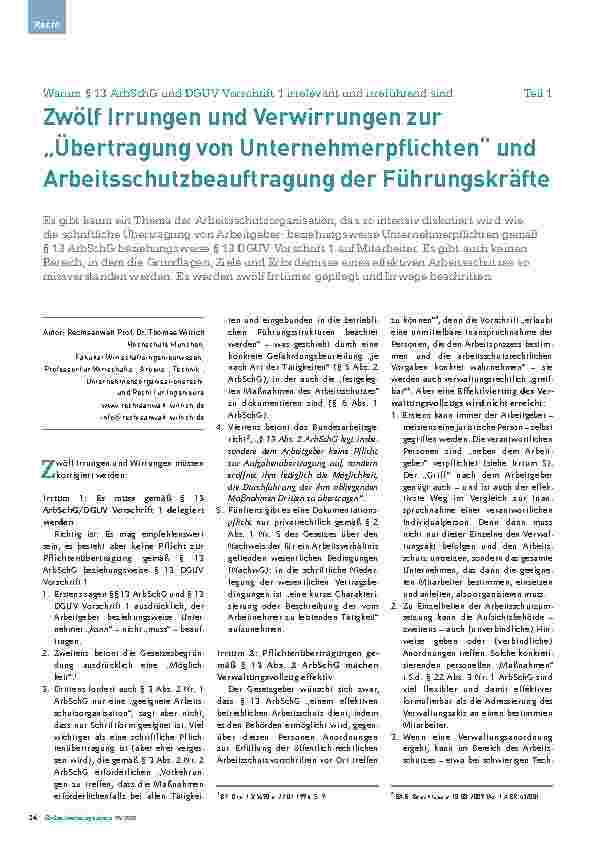 Vorschauseite 1: Zwölf Irrungen und Verwirrungen zur „Übertragung von Unternehmerpflichten“ und Arbeitsschutzbeauftragung der Führungskräfte