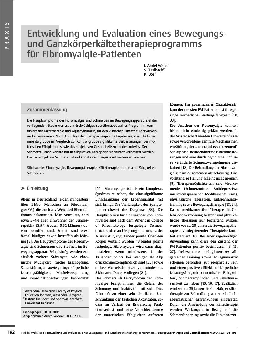 Vorschauseite 1: Entwicklung und Evaluation eines Bewegungsund Ganzkörperkältetherapieprogramms für Fibromyalgie-Patienten