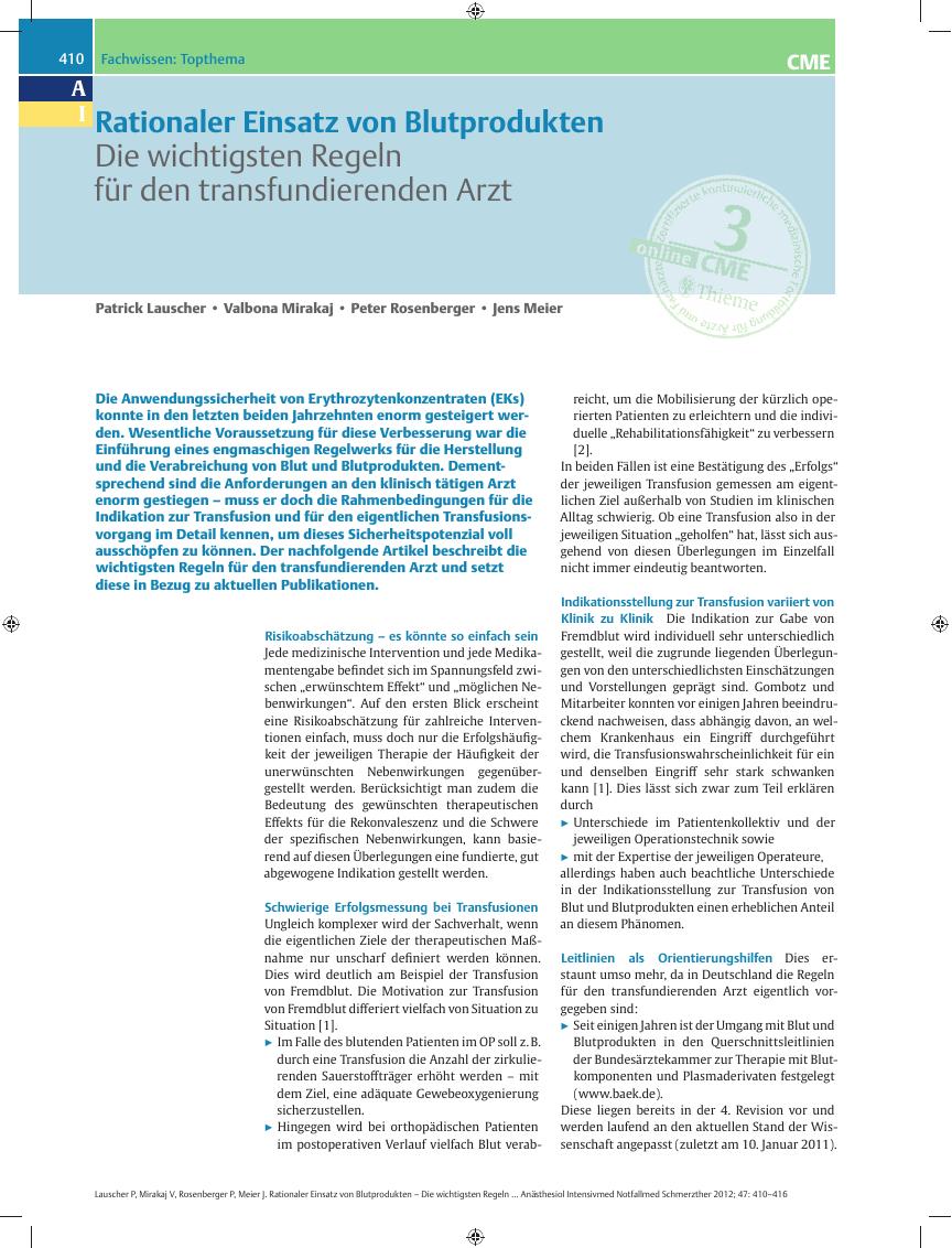Vorschauseite 1: Rationaler Einsatz von Blutprodukten – Die wichtigsten Regeln für den transfundierenden Arzt