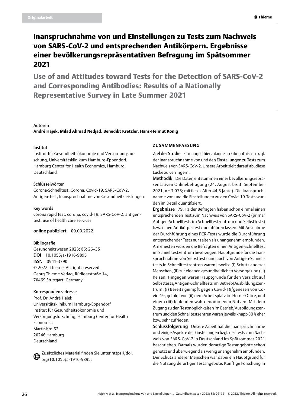 Vorschauseite 1: Inanspruchnahme von und Einstellungen zu Tests zum Nachweis von SARS-CoV-2 und entsprechenden Antikörpern. Ergebnisse einer bevölkerungsrepräsentativen Befragung im Spätsommer 202…