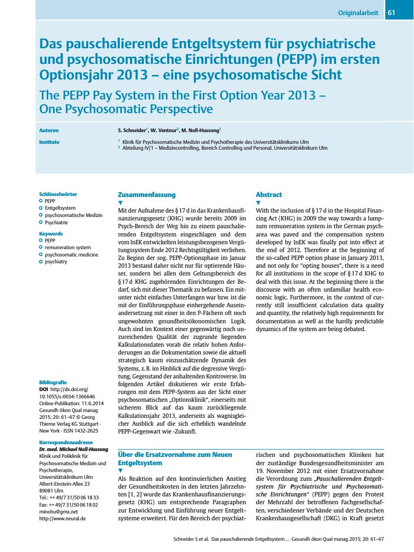 Vorschauseite 1: Das pauschalierende Entgeltsystem für psychiatrische und psychosomatische Einrichtungen (PEPP) im ersten Optionsjahr 2013 – eine psychosomatische Sicht