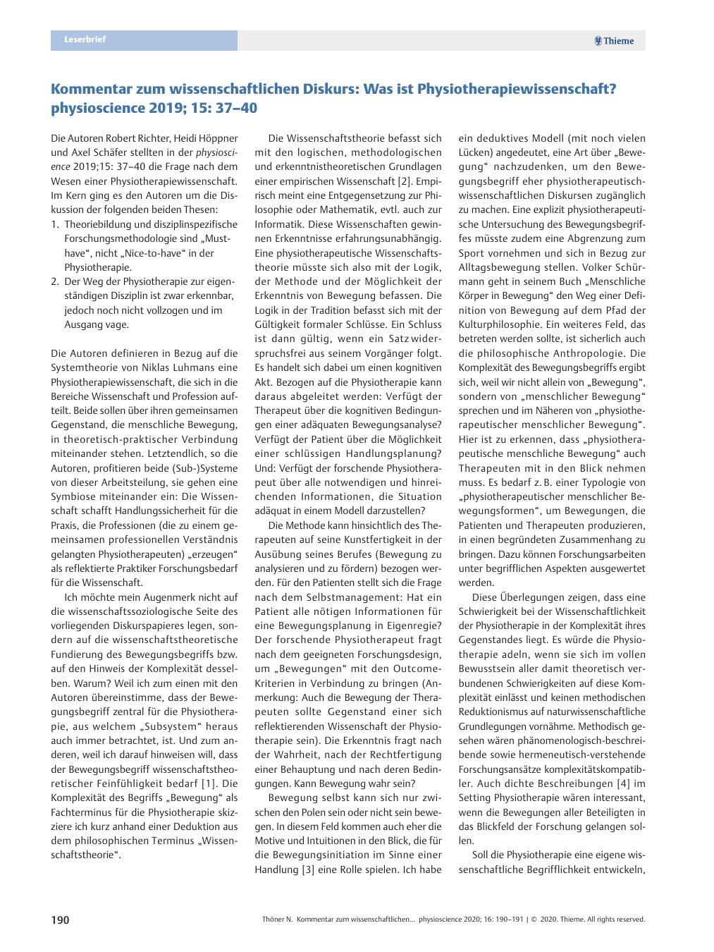 Vorschauseite 1: Kommentar zum wissenschaftlichen Diskurs: Was ist Physiotherapiewissenschaft? Physioscience 2019; 15: 37–40.