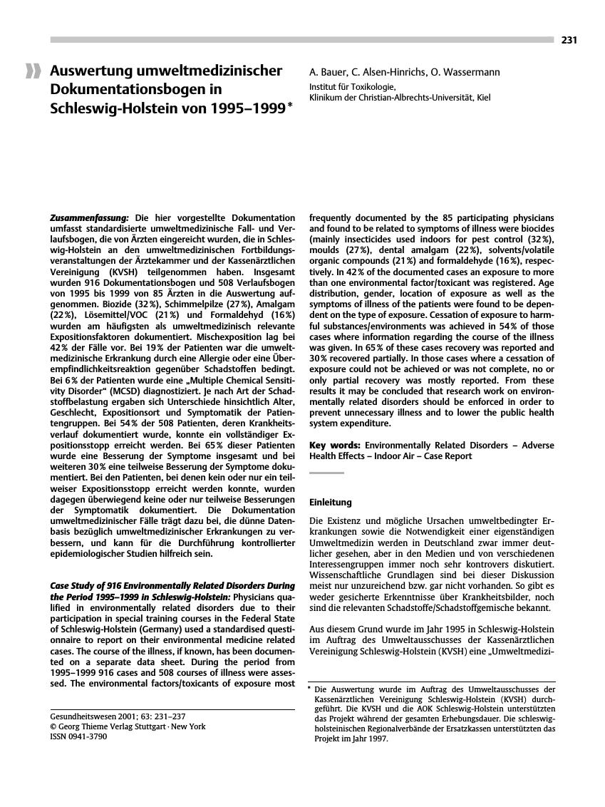 Vorschauseite 1: Auswertung umweltmedizinischer Dokumentationsbogen in Schleswig-Holstein von 1995-1999*