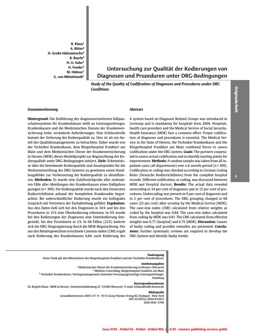 Vorschauseite 1: Untersuchung zur Qualität der Kodierungen von Diagnosen und Prozeduren unter DRG-Bedingungen