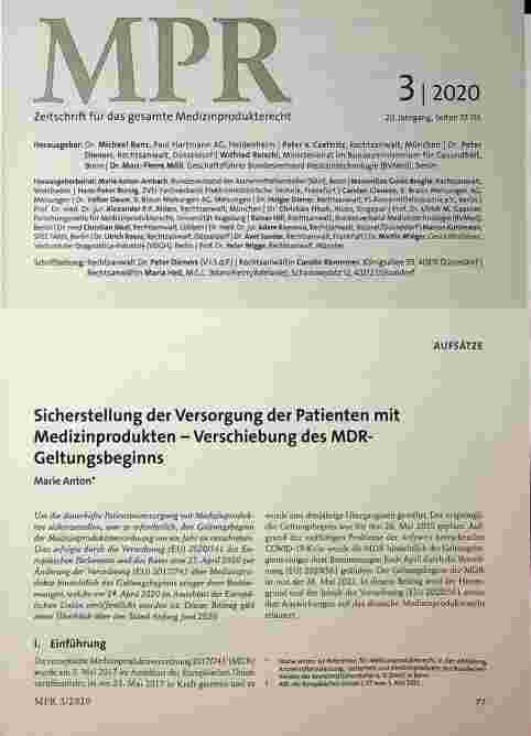 Vorschauseite 1: Sicherstellung der Versorgung der Patienten mit Medizinprodukten - Verschiebung des MDR-Geltungsbeginns