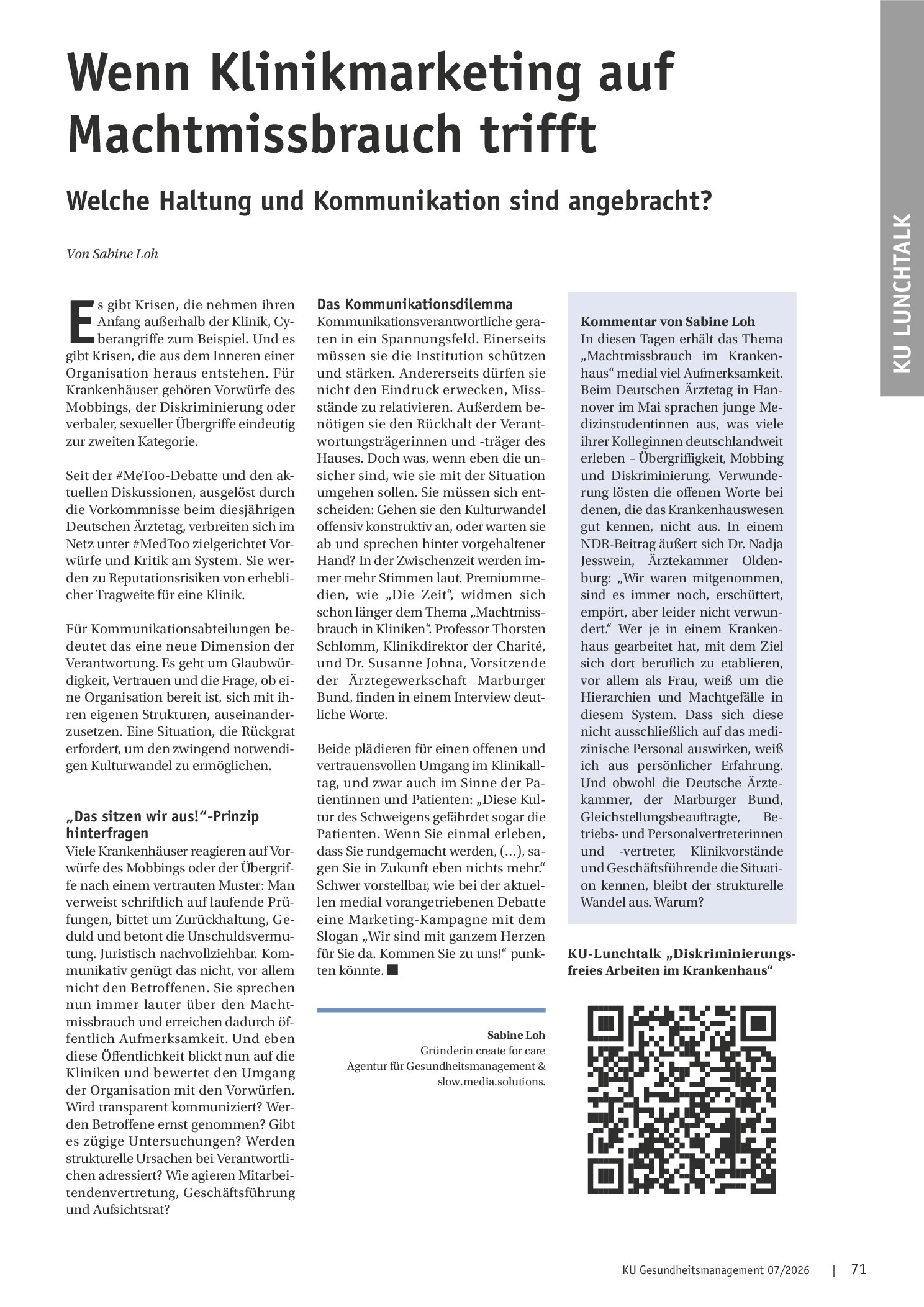 Vorschauseite 1: Wenn Klinikmarketing auf Machtmissbrauch trifft – Welche Haltung und Kommunikation sind angebracht?