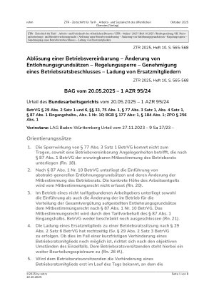 Vorschauseite 1: Ablösung einer Betriebsvereinbarung – Änderung von Entlohnungsgrundsätzen – Regelungssperre – Genehmigung eines Betriebsratsbeschlusses – Ladung von Ersatzmitgliedern