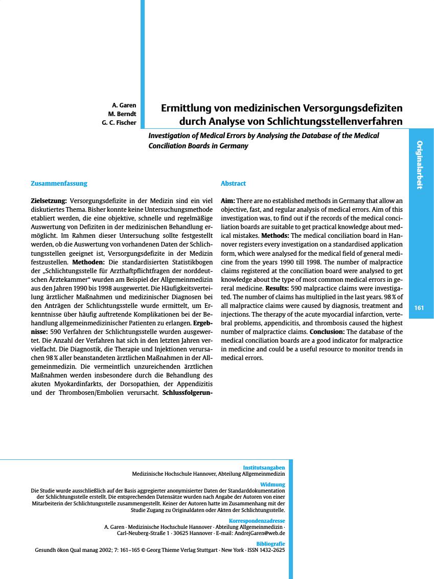 Vorschauseite 1: Ermittlung von medizinischen Versorgungsdefiziten durch Analyse von Schlichtungsstellenverfahren