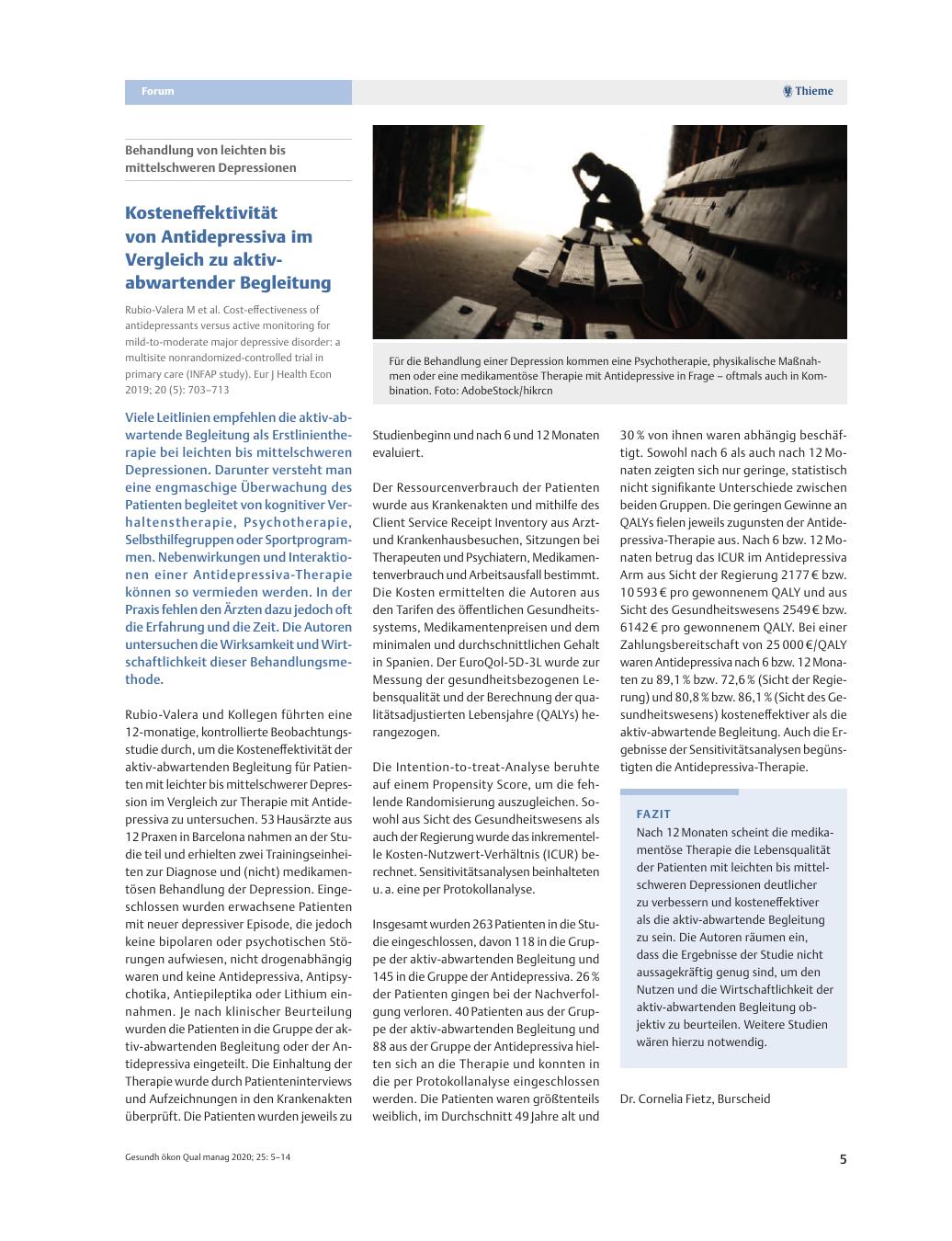 Vorschauseite 1: Behandlung von leichten bis mittelschweren Depressionen - Kosteneffektivität von Antidepressiva im Vergleich zu aktiv-abwartender Begleitung.