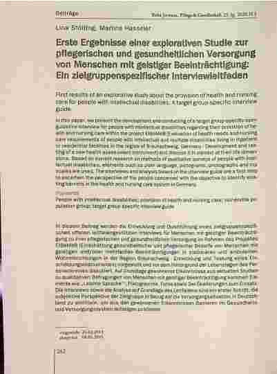Vorschauseite 1: Erste Ergebnisse einer explorativen Studie zur pflegerischen und gesundheitlichen Versorgung von Menschen mit geistiger Beeinträchtigung: Ein zielgruppenspezifischer Interviewleit…