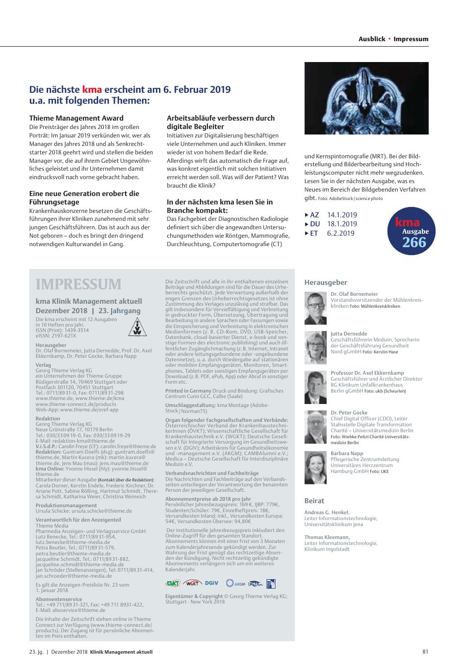Vorschauseite 1: Die nächste kma Ausgabe erscheint am 6. Februar 2019 u.a. mit folgenden Themen