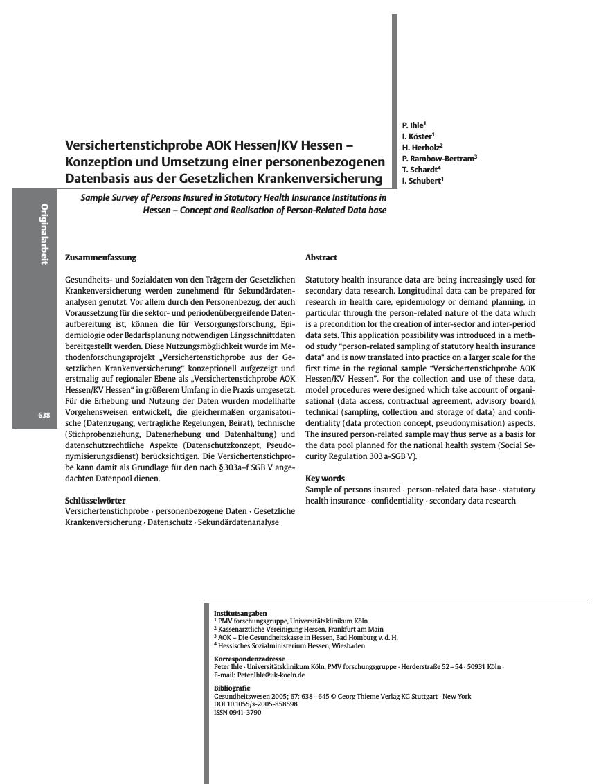 Vorschauseite 1: Versichertenstichprobe AOK Hessen/KV Hessen – Konzeption und Umsetzung einer personenbezogenen Datenbasis aus der Gesetzlichen Krankenversicherung