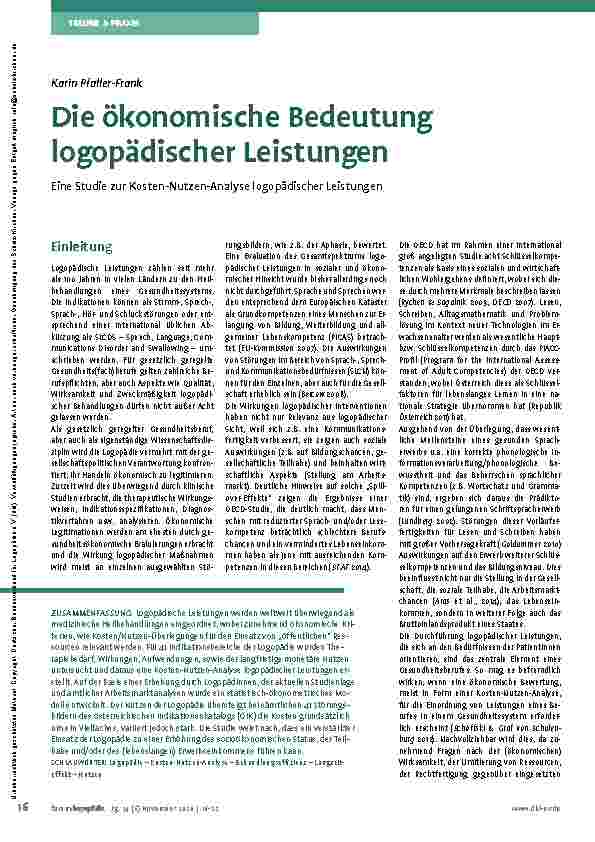 Vorschauseite 1: Die ökonomische Bedeutung logopädischer Leistungen - Eine Studie zur Kosten-Nutzen-Analyse logopädischer Leistungen