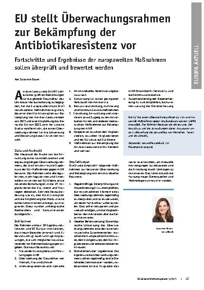 Vorschauseite 1: EU stellt Überwachungsrahmen zur Bekämpfung der Antibiotikaresistenz vor Fortschritte und Ergebnisse der europaweiten Maßnahmen sollen überprüft und bewertet werden