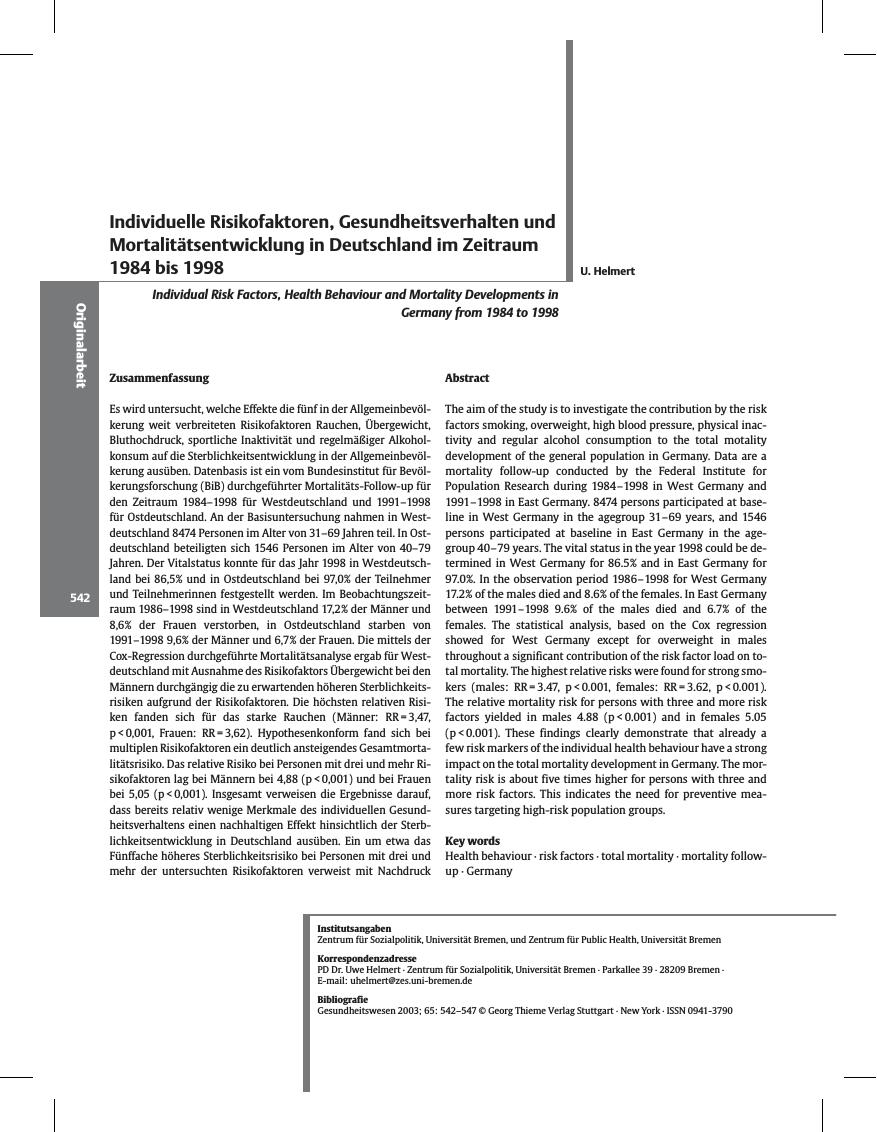 Vorschauseite 1: Individuelle Risikofaktoren, Gesundheitsverhalten und Mortalitätsentwicklung in Deutschland im Zeitraum 1984 bis 1998