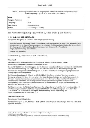 Vorschauseite 1: Zur Anwaltsvergütung – §§ 104 Nr. 2, 1825 BGB; § 275 FamFG