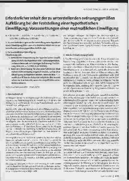 Vorschauseite 1: Erforderlicher Inhalt der zu unterstellenden ordnungsgemäßen Aufklärung bei der Feststellung einer hypothetischen Einwilligung; Voraussetzungen einer mutmaßlichen Einwilligung