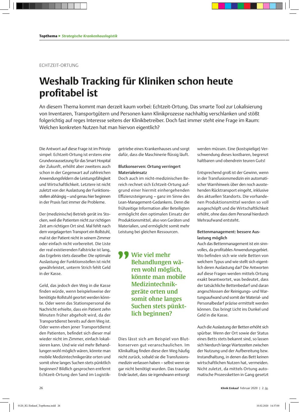 Vorschauseite 1: Echtzeit-Ortung: Weshalb Tracking für Kliniken schon heute profitabel ist