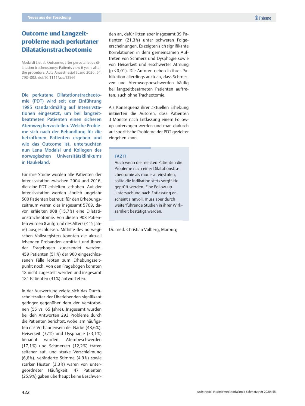 Vorschauseite 1: Outcome und Langzeitprobleme nach perkutaner Dilatationstracheotomie