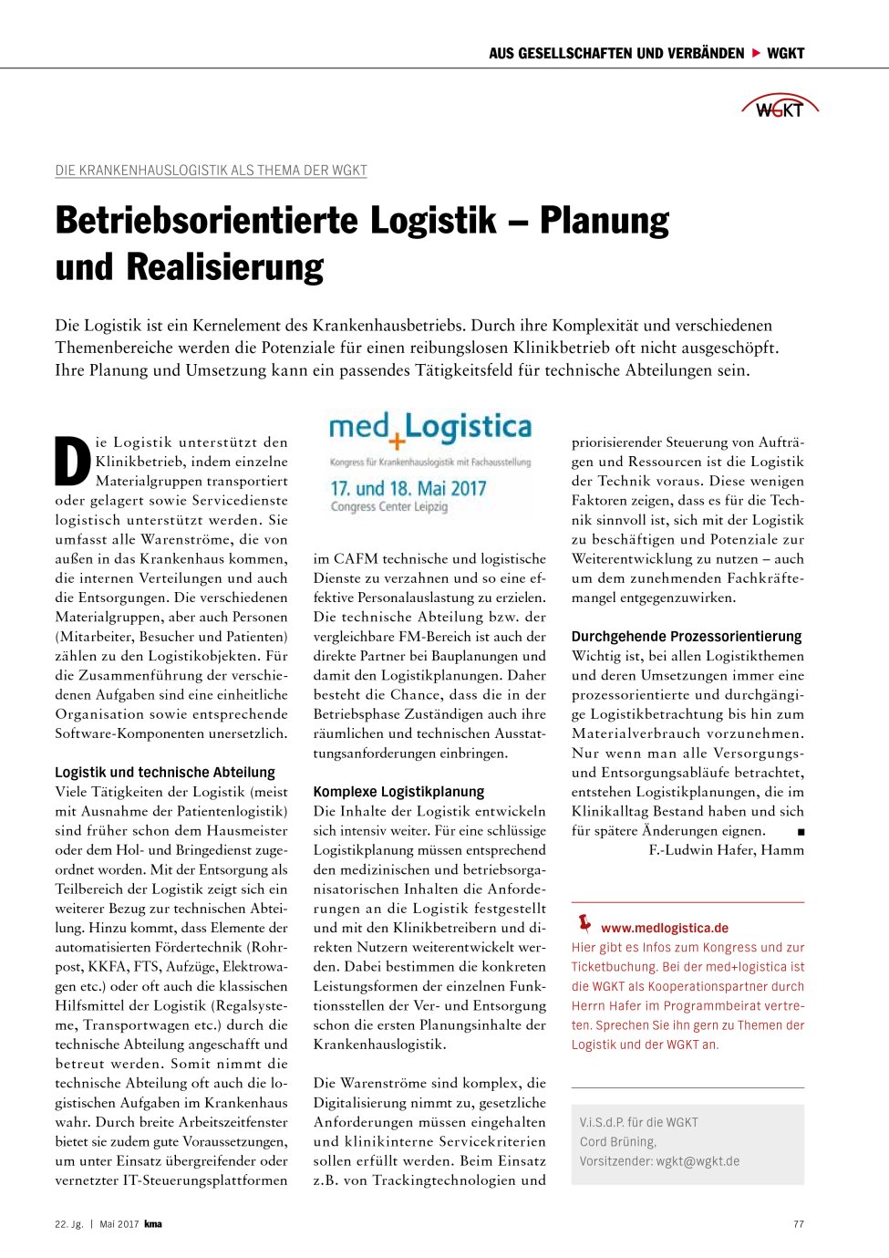 Vorschauseite 1: Die Krankenhauslogistik als Thema der WGKT: Betriebsorientierte Logistik – Planung und Realisierung