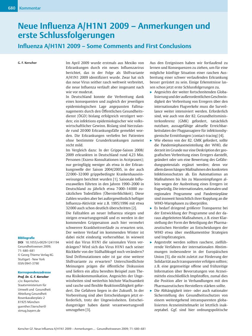 Vorschauseite 1: Neue Influenza A/H1N1 2009 – Anmerkungen und erste Schlussfolgerungen