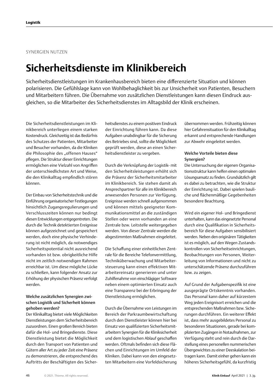 Vorschauseite 1: Synergien nutzen: Sicherheitsdienste im Klinikbereich