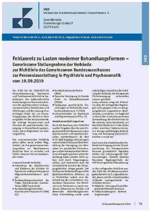 Vorschauseite 1: Fehlanreiz zu Lasten moderner Behandlungsformen – Gemeinsame Stellungnahme der Verbände zur Richtlinie des Gemeinsamen Bundesausschusses zur Personalausstattung in Psychiatrie und…