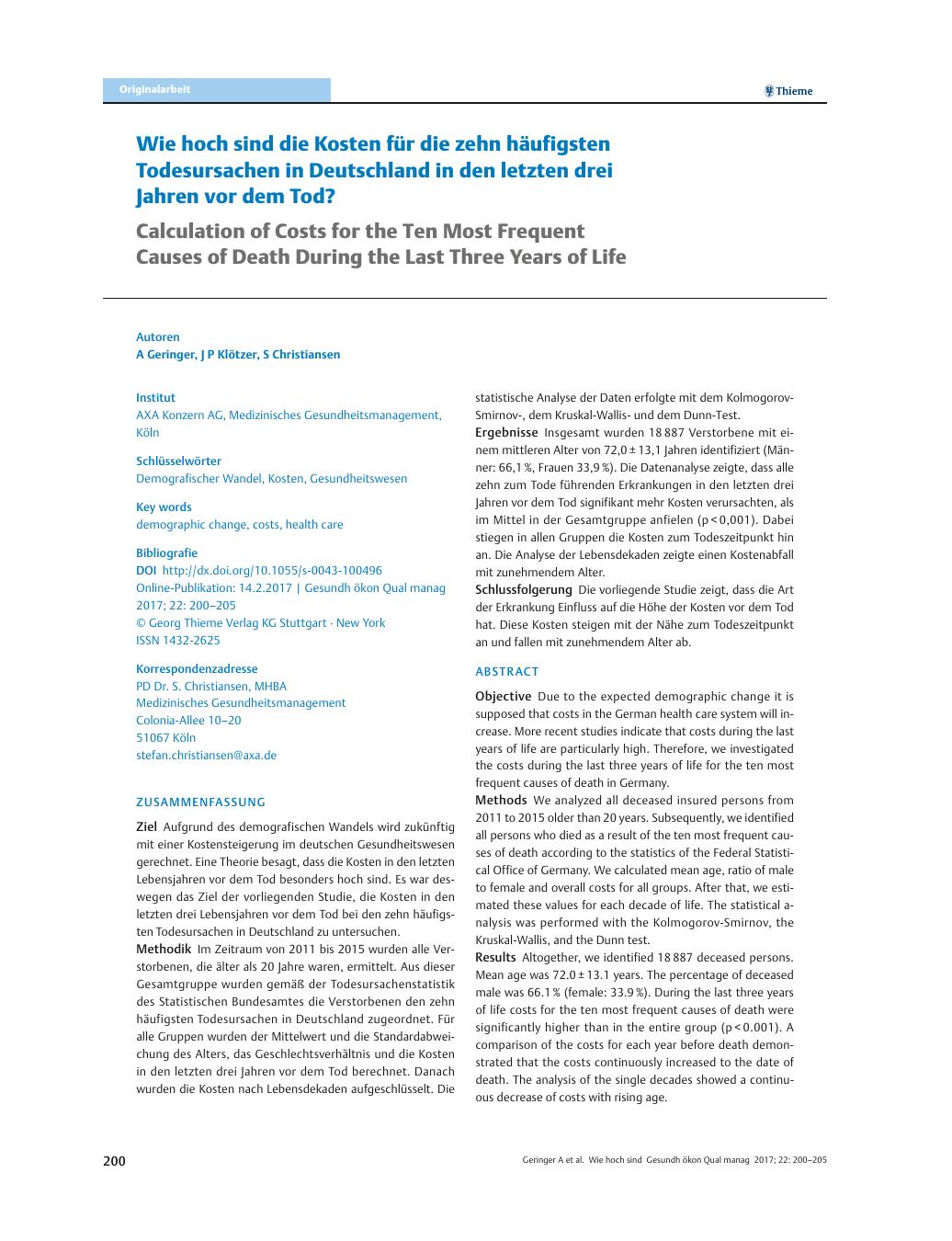 Vorschauseite 1: Wie hoch sind die Kosten für die zehn häufigsten Todesursachen in Deutschland in den letzten drei Jahren vor dem Tod?