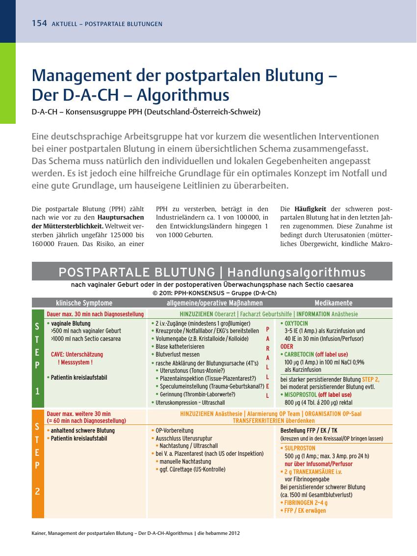 Vorschauseite 1: Management der postpartalen Blutung – Der D-A-CH – Algorithmus