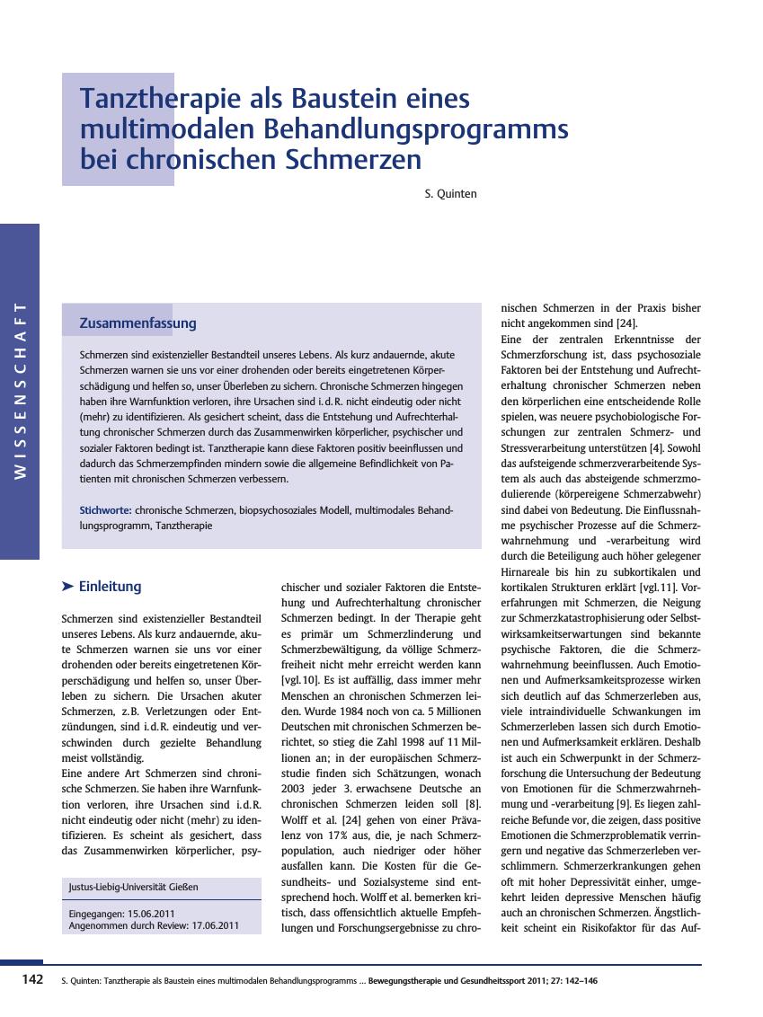Vorschauseite 1: Tanztherapie als Baustein eines multimodalen Behandlungsprogramms bei chronischen Schmerzen