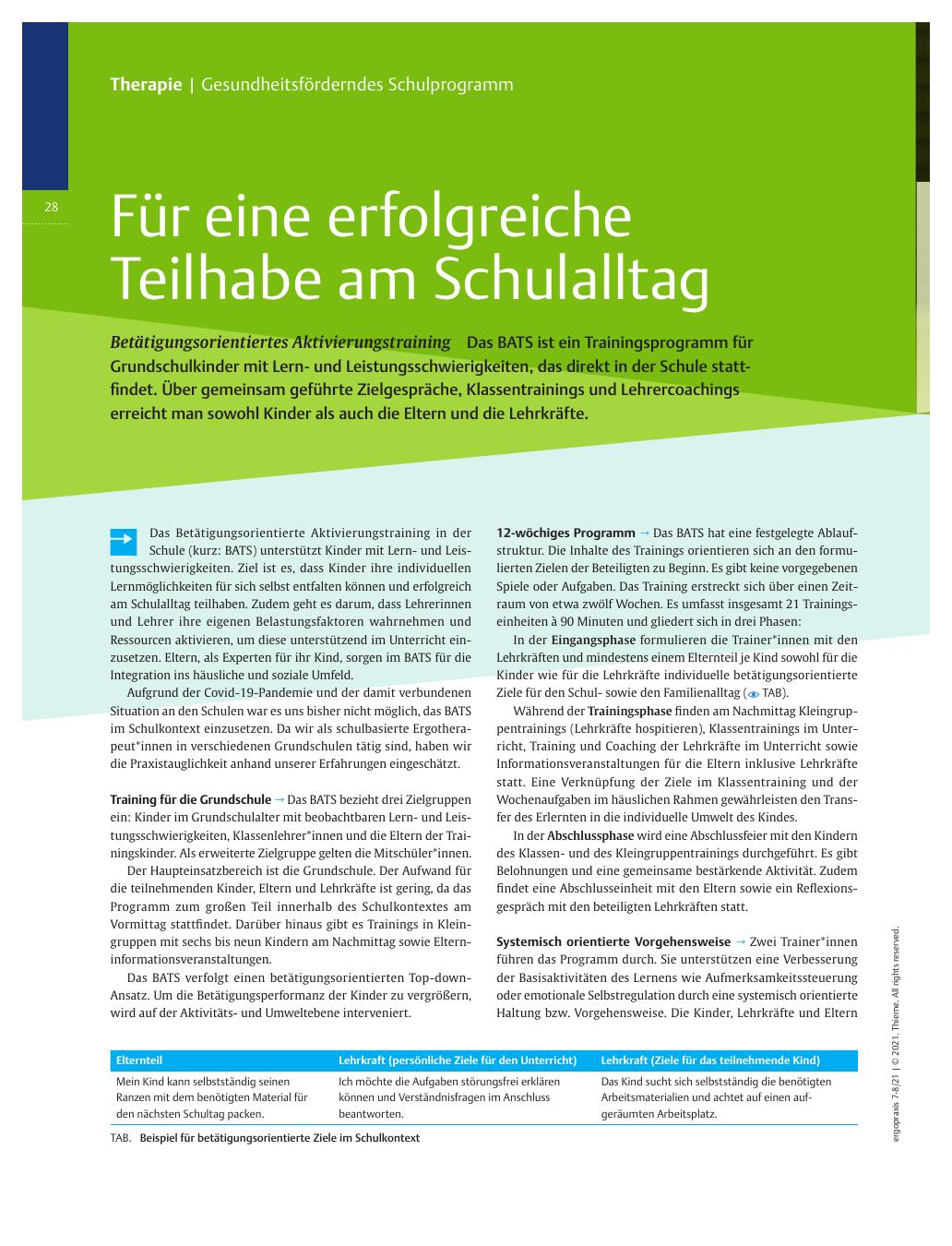 Vorschauseite 1: Für eine erfolgreiche Teilhabe am Schulalltag - Betätigungsorientiertes Aktivierungstraining
