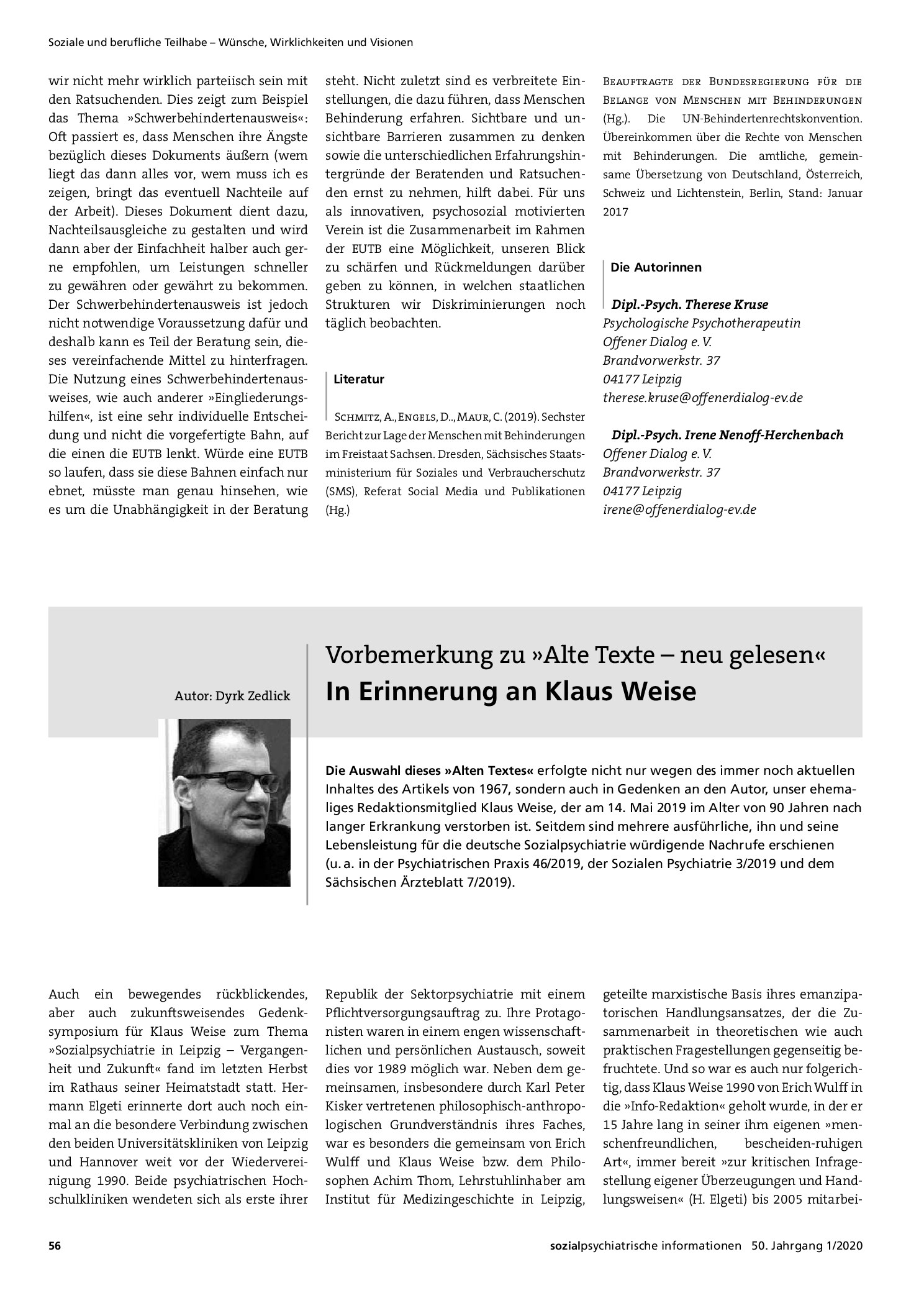 Vorschauseite 1: Vorbemerkung zu »Alte Texte – neu gelesen« in Erinnerung an Klaus Weise