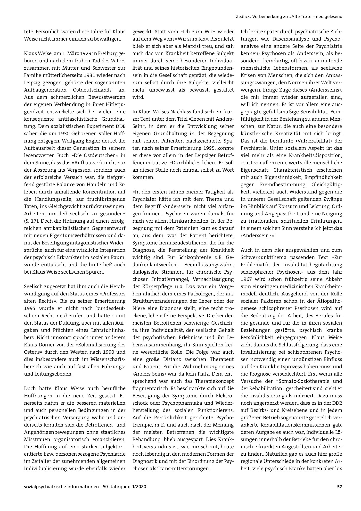 Vorschauseite 2: Vorbemerkung zu »Alte Texte – neu gelesen« in Erinnerung an Klaus Weise