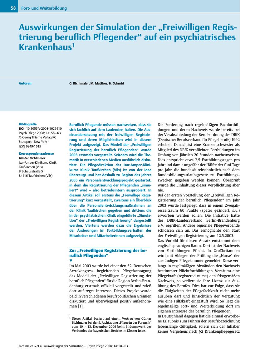 Vorschauseite 1: Auswirkungen der Simulation der? Freiwilligen Registrierung beruflich Pflegender? auf ein psychiatrisches Krankenhaus
