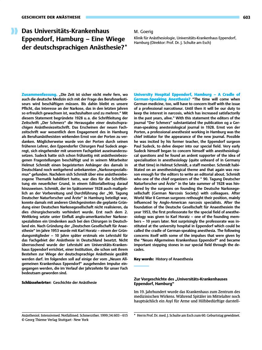 Vorschauseite 1: Das Universitäts-Krankenhaus Eppendorf, Hamburg - Eine Wiege der deutschsprachigen Anästhesie? *