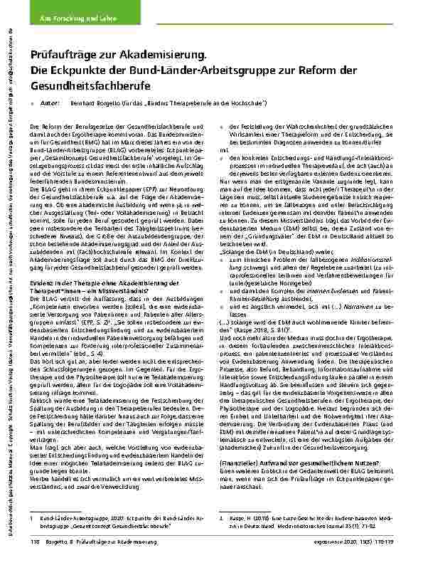 Vorschauseite 1: Prüfaufträge zur Akademisierung. Die Eckpunkte der Bund-Länder-Arbeitsgruppe zur Reform der Gesundheitsfachberufe.