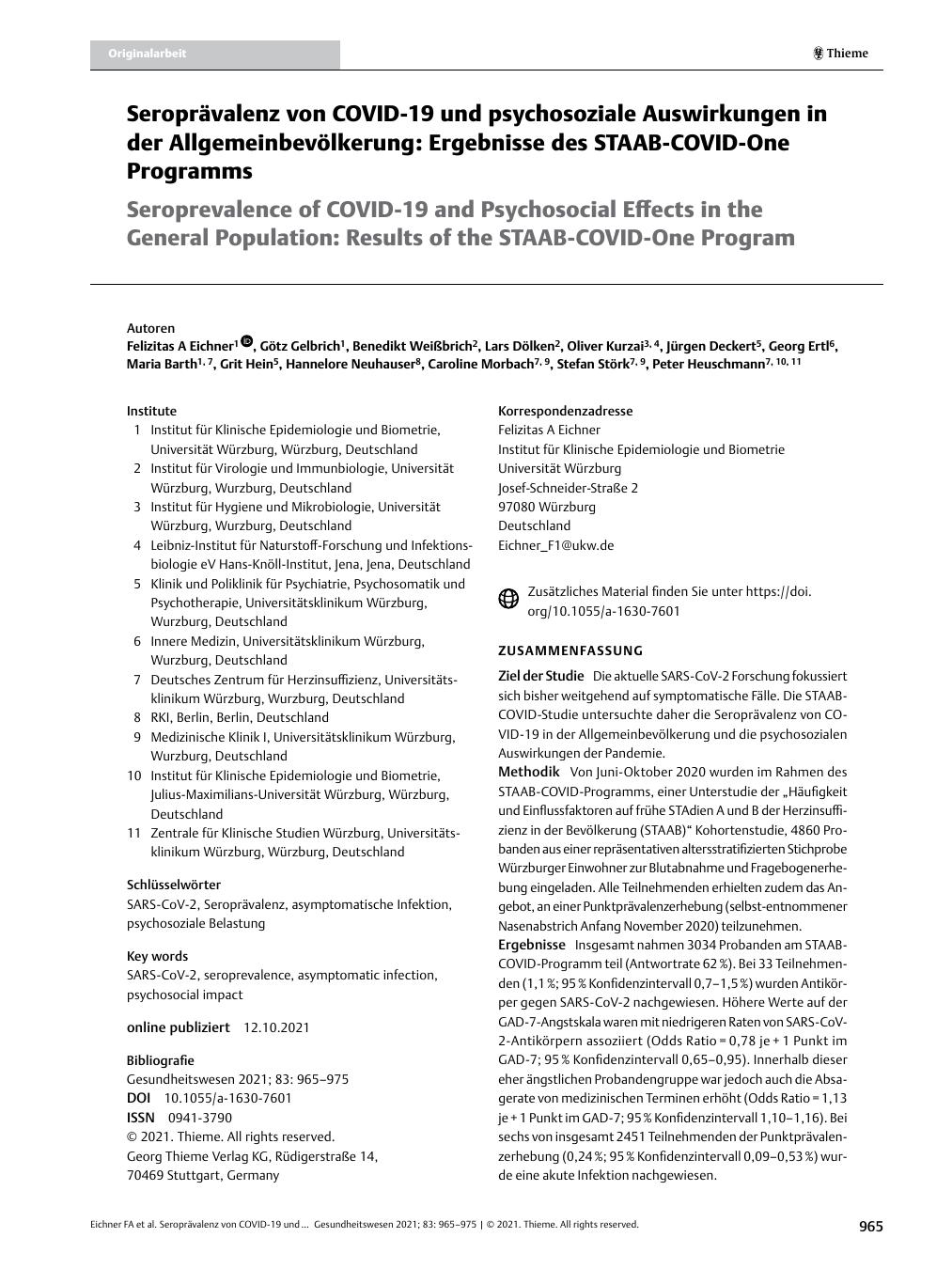 Vorschauseite 1: Seroprävalenz von COVID-19 und psychosoziale Auswirkungen in der Allgemeinbevölkerung: Ergebnisse des STAAB-COVID-One Programms