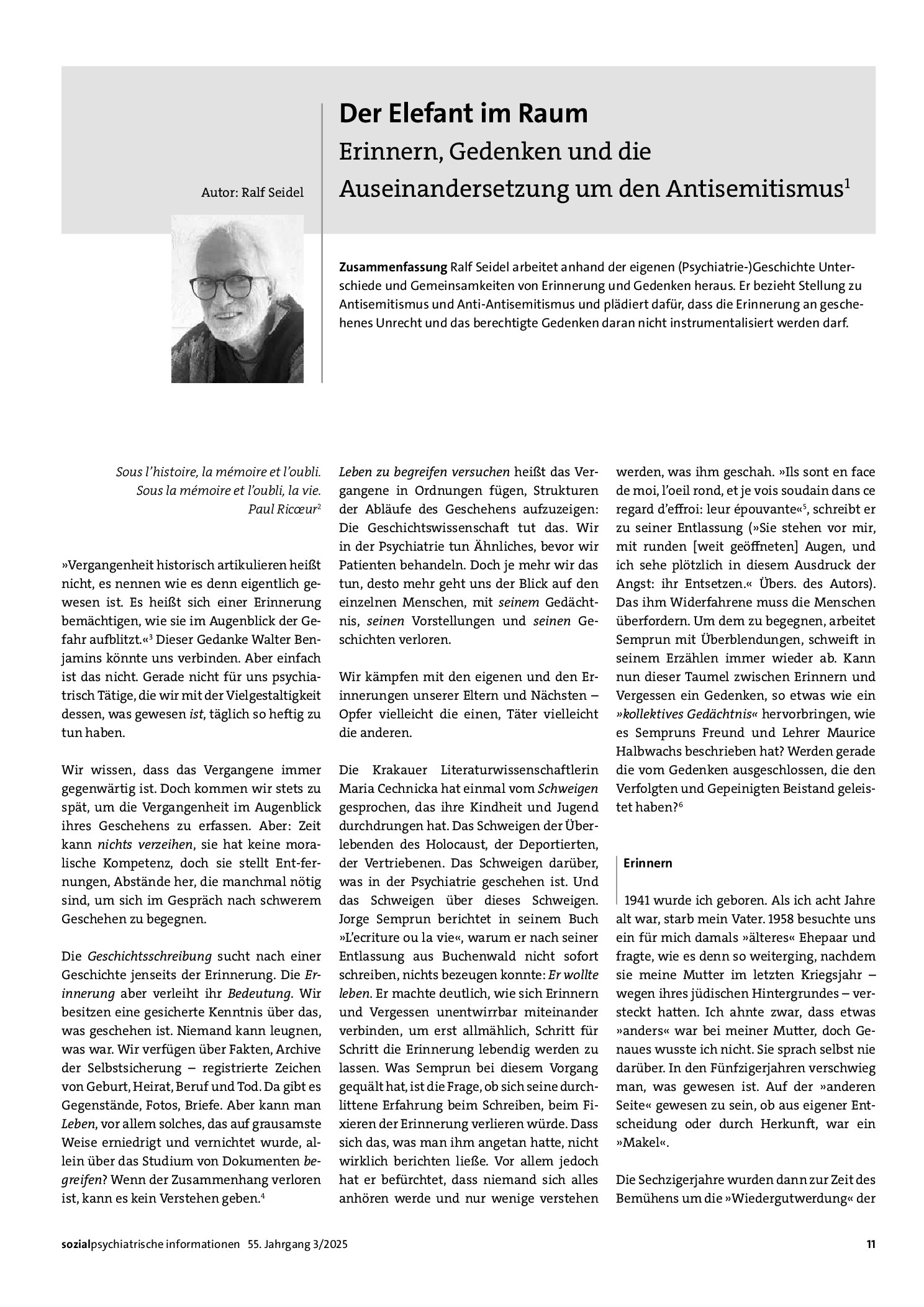 Vorschauseite 1: Der Elefant im Raum. Erinnern, Gedenken und die Auseinandersetzung um den Antisemitismus