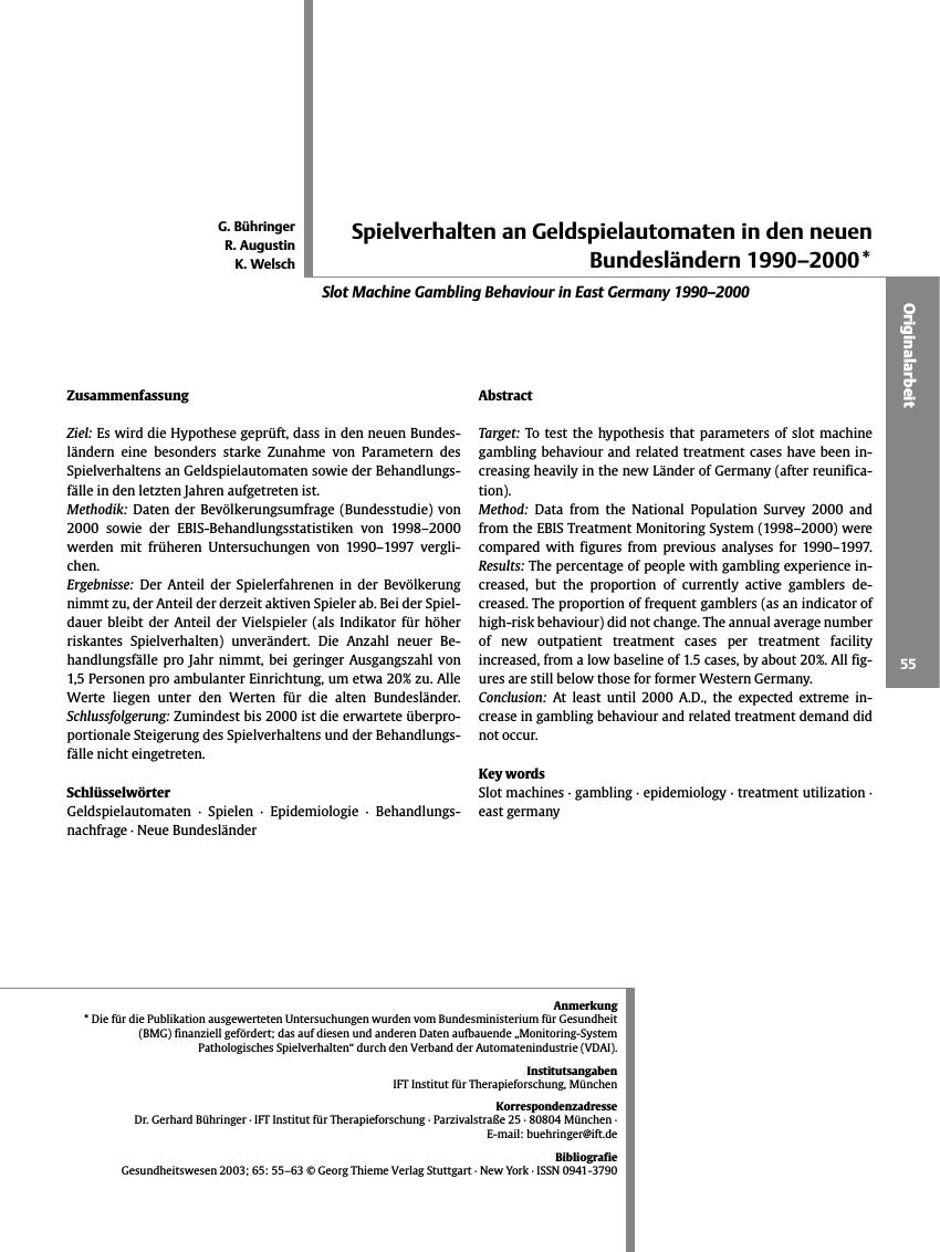 Vorschauseite 1: Spielverhalten an Geldspielautomaten in den neuen Bundesländern 1990-2000*