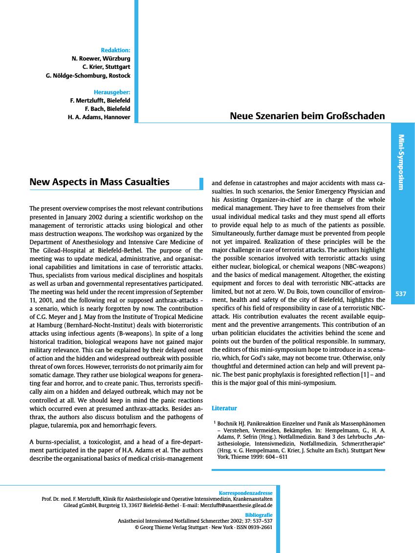 Vorschauseite 1: New Aspects in Mass Casualties