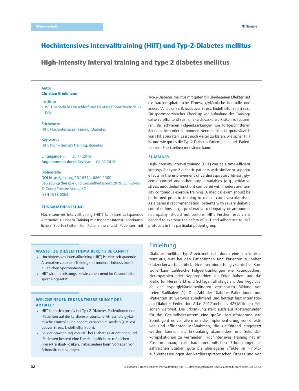 Vorschauseite 1: Hochintensives Intervalltraining (HIIT) und Typ-2-Diabetes mellitus