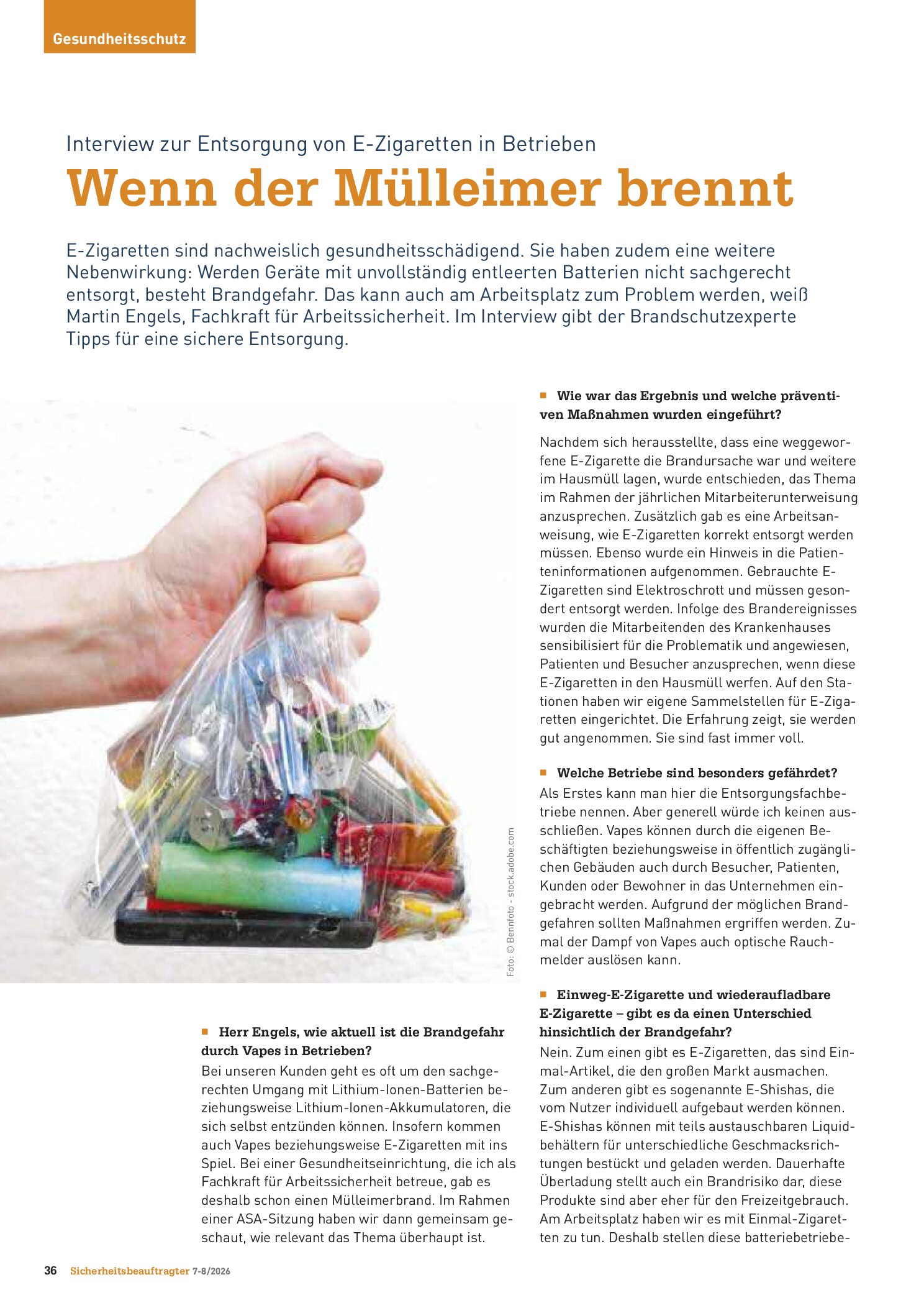 Vorschauseite 1: Interview zur Entsorgung von E-Zigaretten in Betrieben: Wenn der Mülleimer brennt