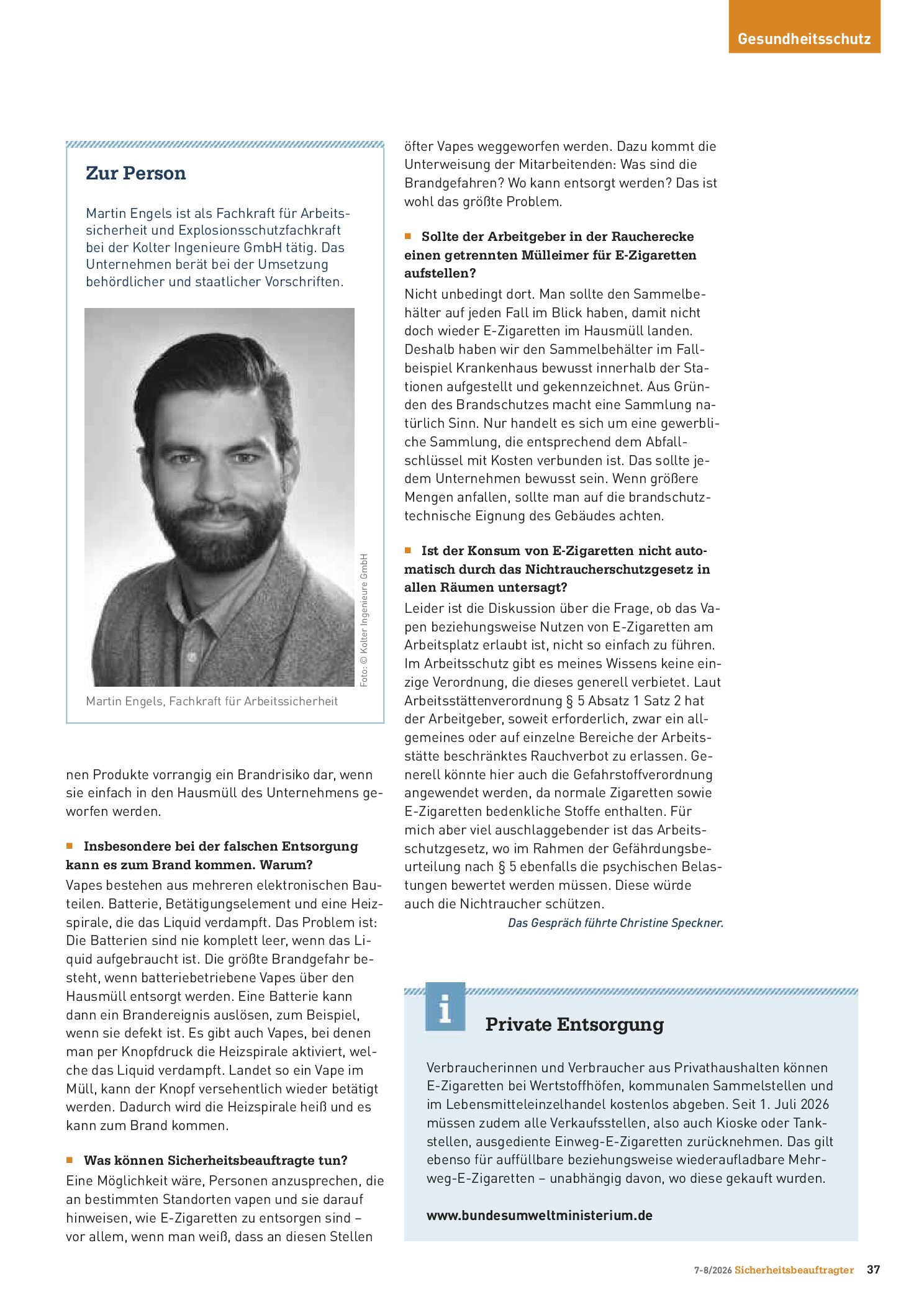 Vorschauseite 2: Interview zur Entsorgung von E-Zigaretten in Betrieben: Wenn der Mülleimer brennt